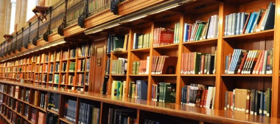 Bookshelves in a library