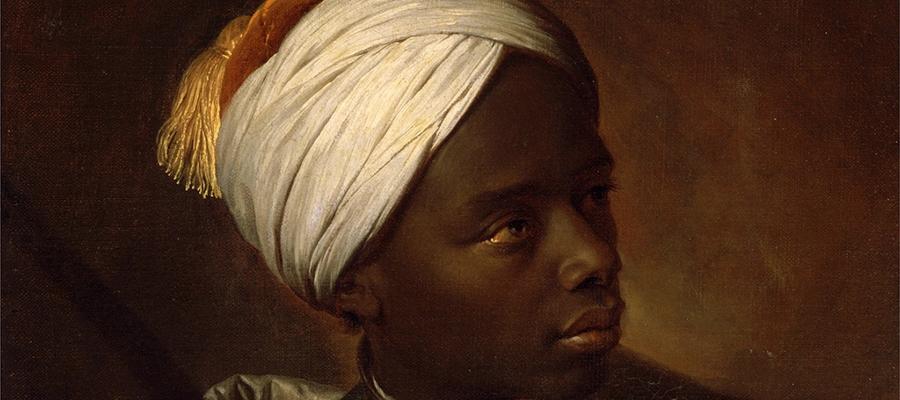 Detail from 'Jeune nègre avec un arc' (ca.1697) by Hyacinthe Rigaud showing ayoung man in a white turban. Around his neck is a broad silver collar.