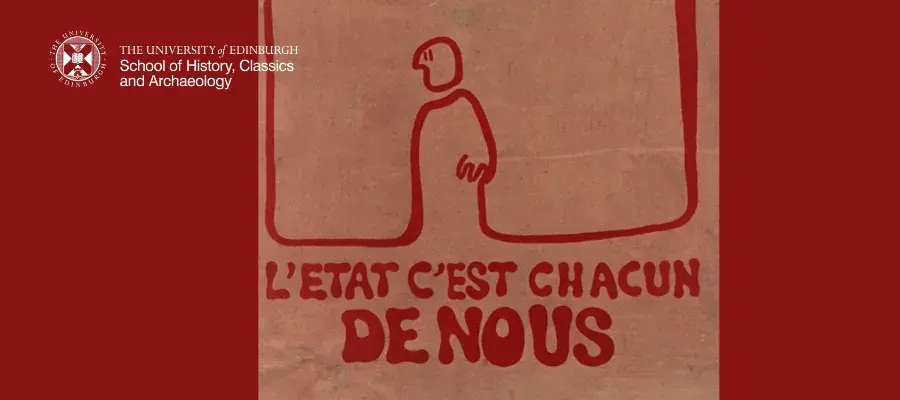 A poster proclaims "L'etat c'est chacun nous" with a figure standing over the words