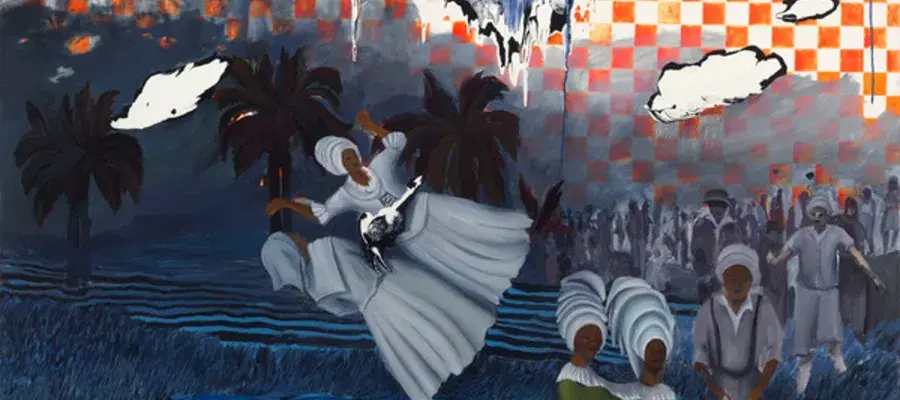 A surreal painting with figures in white and green, patterned headwraps, palm trees, clouds, blue water with scattered objects, and a floral pattern and orange checkerboard background.