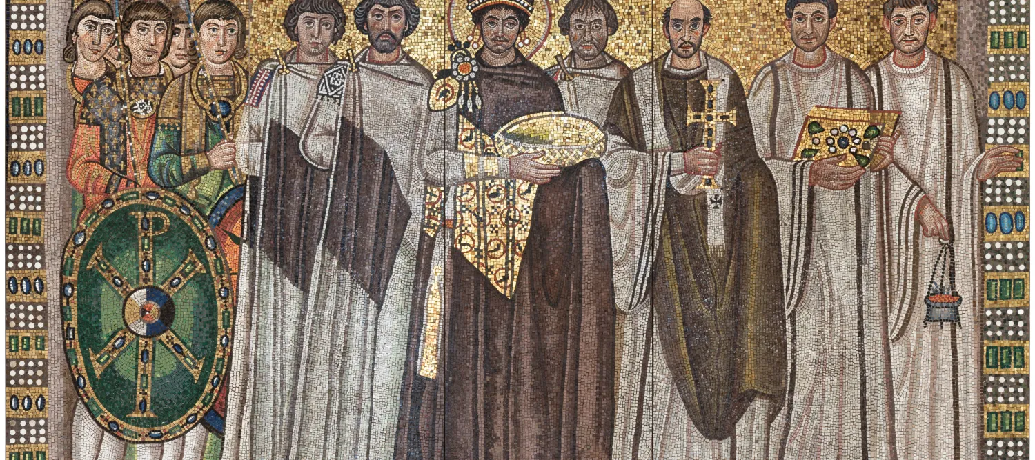 Court of Emperor Justinian with Archbishop Maximian of Ravenna and three other clerics on Justinian's right, and two court officials and his guards on his left. (apse mosaic, Basilica of San Vitale, Ravenna, Emilia-Romagna, Italia)