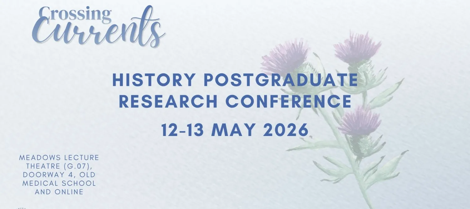 Conference details against a pale blue background with a thistle