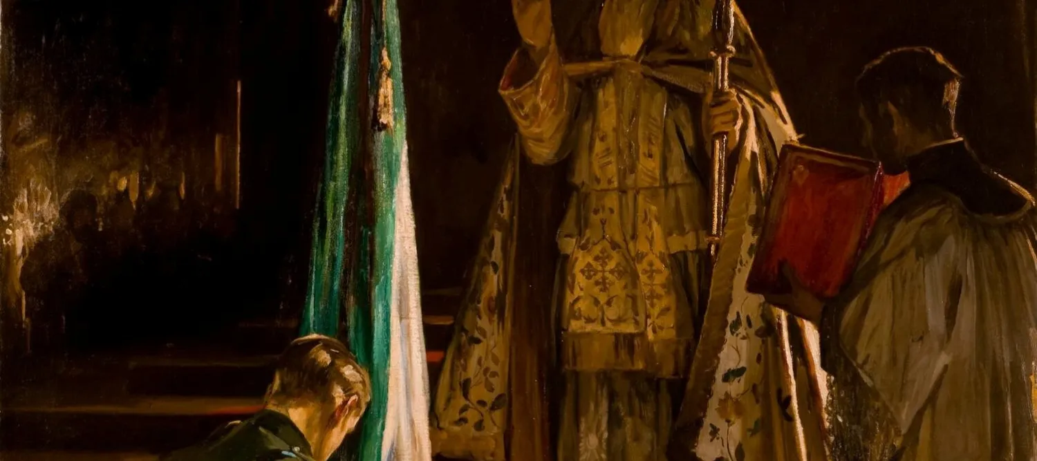 A soldier kneels and holds a tricolor flag in a dimly lit space, receiving a blessing from a bishop in ornate robes. A solemn tone prevails.