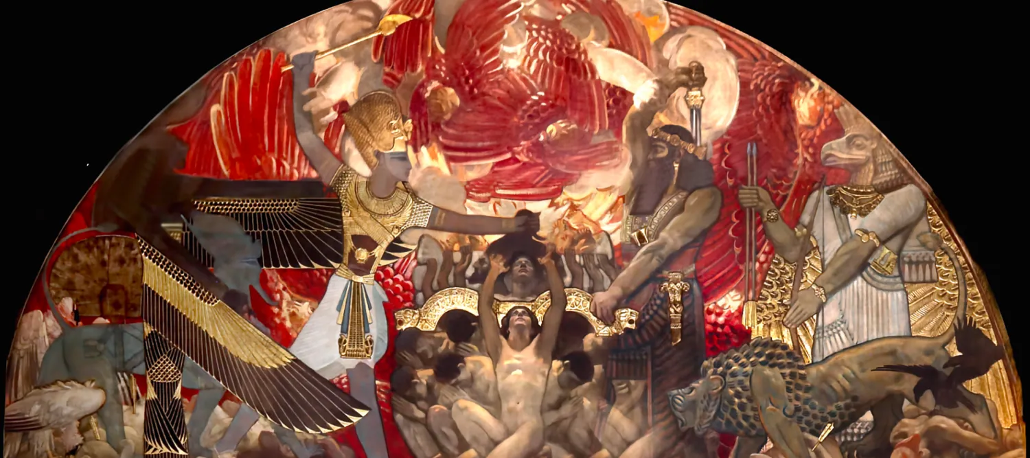 The lunette above 'Triumph of Religion North Wall' by John Singer Sargent showing Egyptian pharaoh wielding a staff at left, and the Assyrian King at right, releasing a sword from his sheath, over the Israelites.