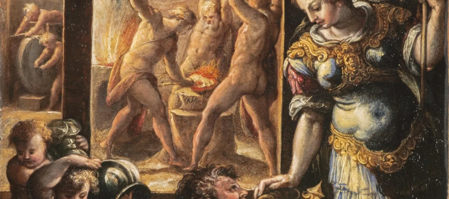 This scene shows Vulcan and his assistants the Cyclopes forging weapons for the gods, with Minerva standing at the right. The diamond surmounting Minerva’s shield is an emblem of the Medici family, and this picture may have been painted around 1565 for Francesco de’ Medici (Grand Duke from 1574), who took a keen interest in metallurgy and alchemy.