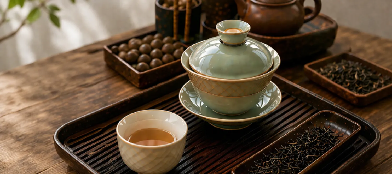 Chinese tea cups on a dark wood tray