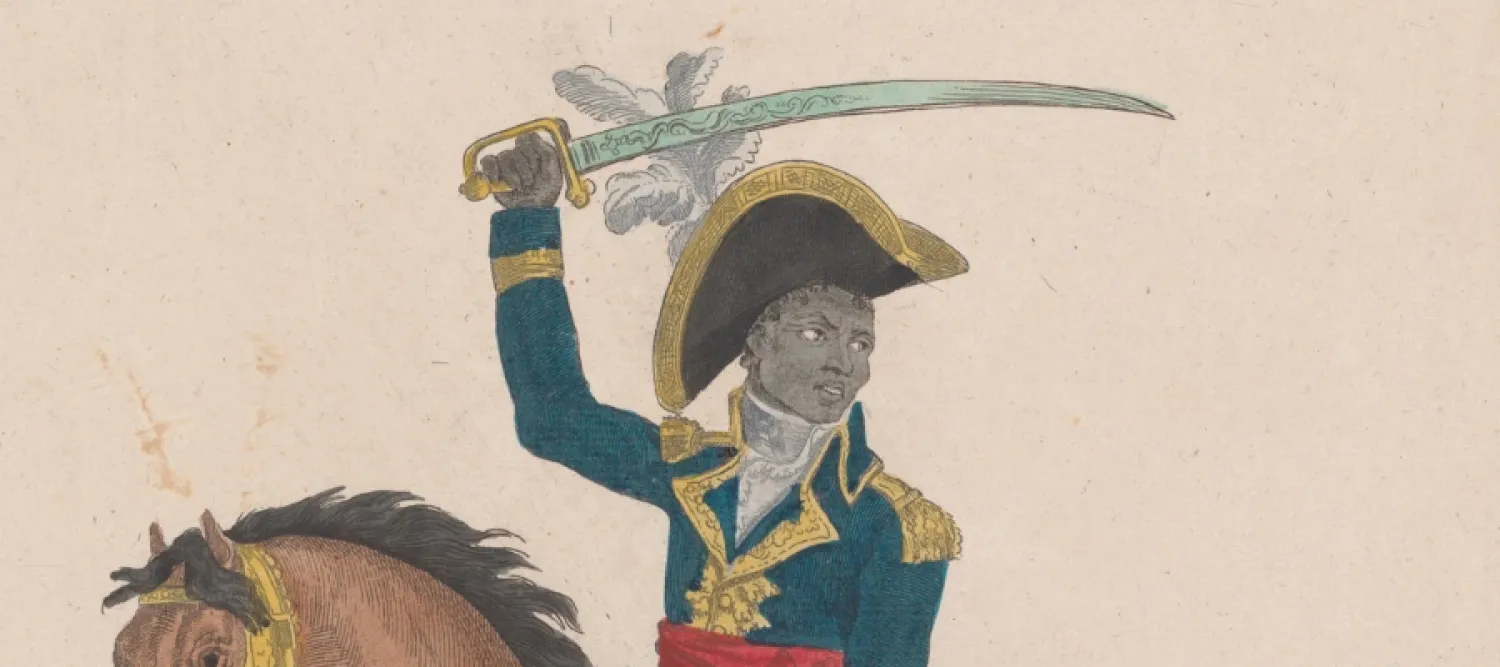 Historical illustration of a Black officer in a blue uniform and bicorne hat, raising a curved sword while riding a brown horse.