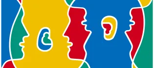 A colourful logo of intersecting heads speaking