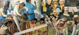 A vibrant mural depicts historical figures and indigenous people weaving and working, with expressions of focus and determination, conveying historical significance.