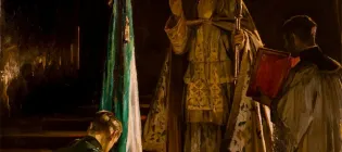 A soldier kneels and holds a tricolor flag in a dimly lit space, receiving a blessing from a bishop in ornate robes. A solemn tone prevails.