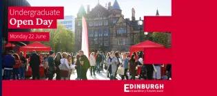 Undergraduate open day at Edinburgh, with people socializing under red tents in front of Teviot House Student Union, set for Monday 22 June.
