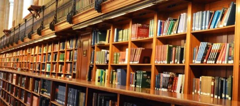 Bookshelves in a library
