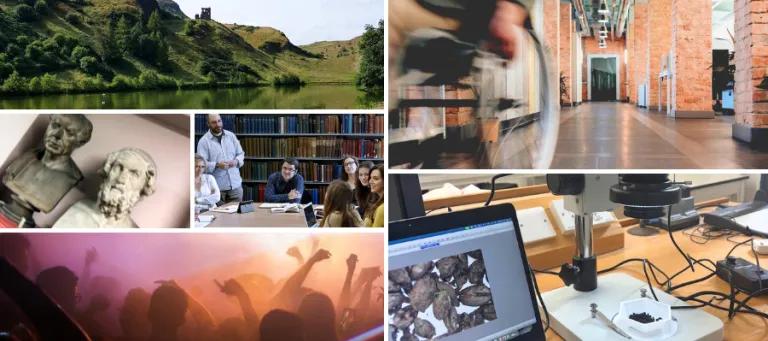 A mosaic of images including classical busts, a student using a wheelchair, a group discussion, St Margaret's Loch near the University and seeds under a microscope