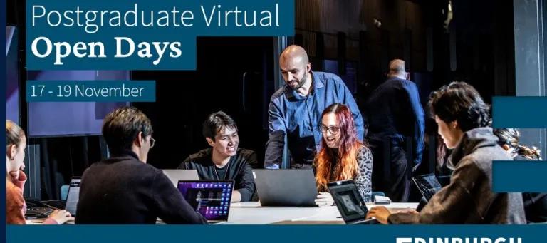 Edinburgh postgraduate virtual open days banner, 17–19 November, showing students and staff discussing around a table in a welcoming university hall.