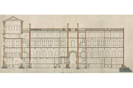 Historical frontage of the School building, architectural plan