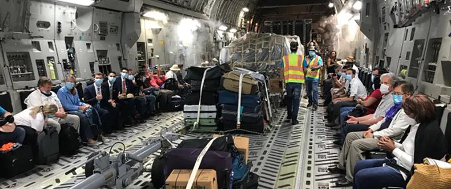 A US repatriation flight during the COVID-19 pandemic in early 2020