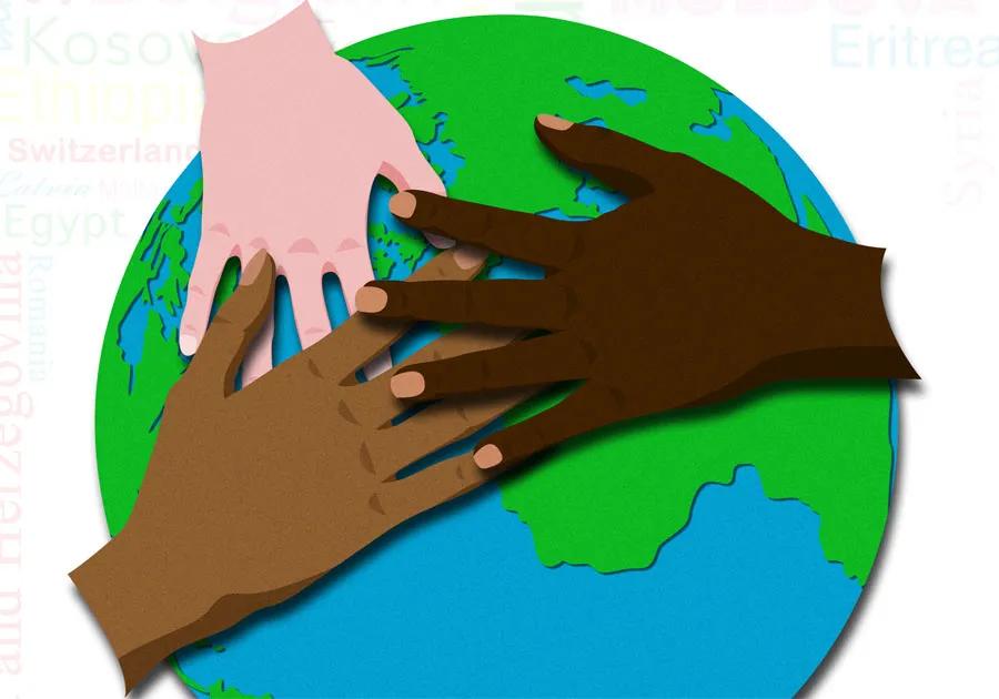 Three hands linking over 2D globe