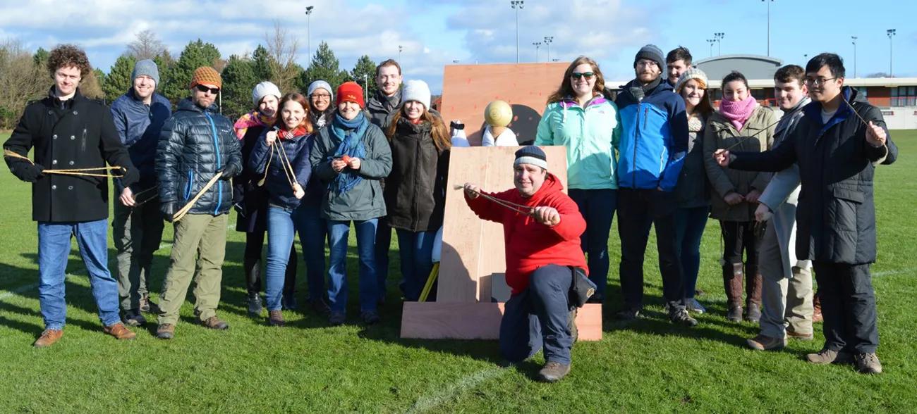 Group photo of staff and students taking part in the slingshot workshop during Innovative Learning Week