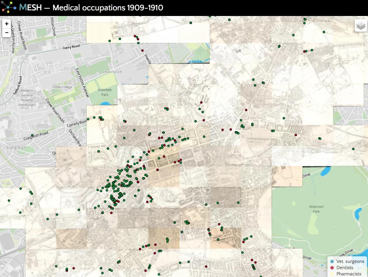 Map of Edinburgh showing locations of physicians' and dentists' practices in 1909-1910
