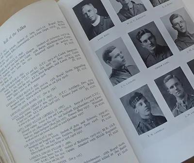 HCA Pages from the Roll of Honour showing images of those names and biographical details
