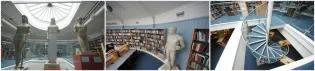 Views of the upper floor of the student research rooms showing casts of ancient statues and bookcases