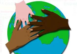 Three hands linking over 2D globe