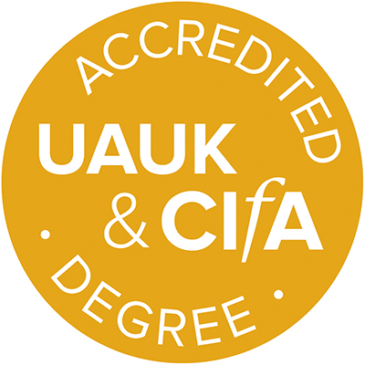 Round orange logo with white writing reading UAUK and CIFA accredited degree