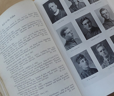 HCA Pages from the Roll of Honour showing images of those names and biographical details